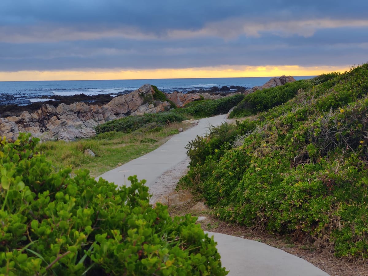 A sandy path winding through coastal fynbos toward the rocks and open sea at Onrus